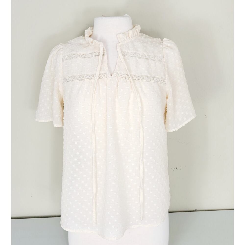 MINE Ivory‎ Swiss Dot Ruffle Neck Tie Neck Short Sleeve Blouse Top L